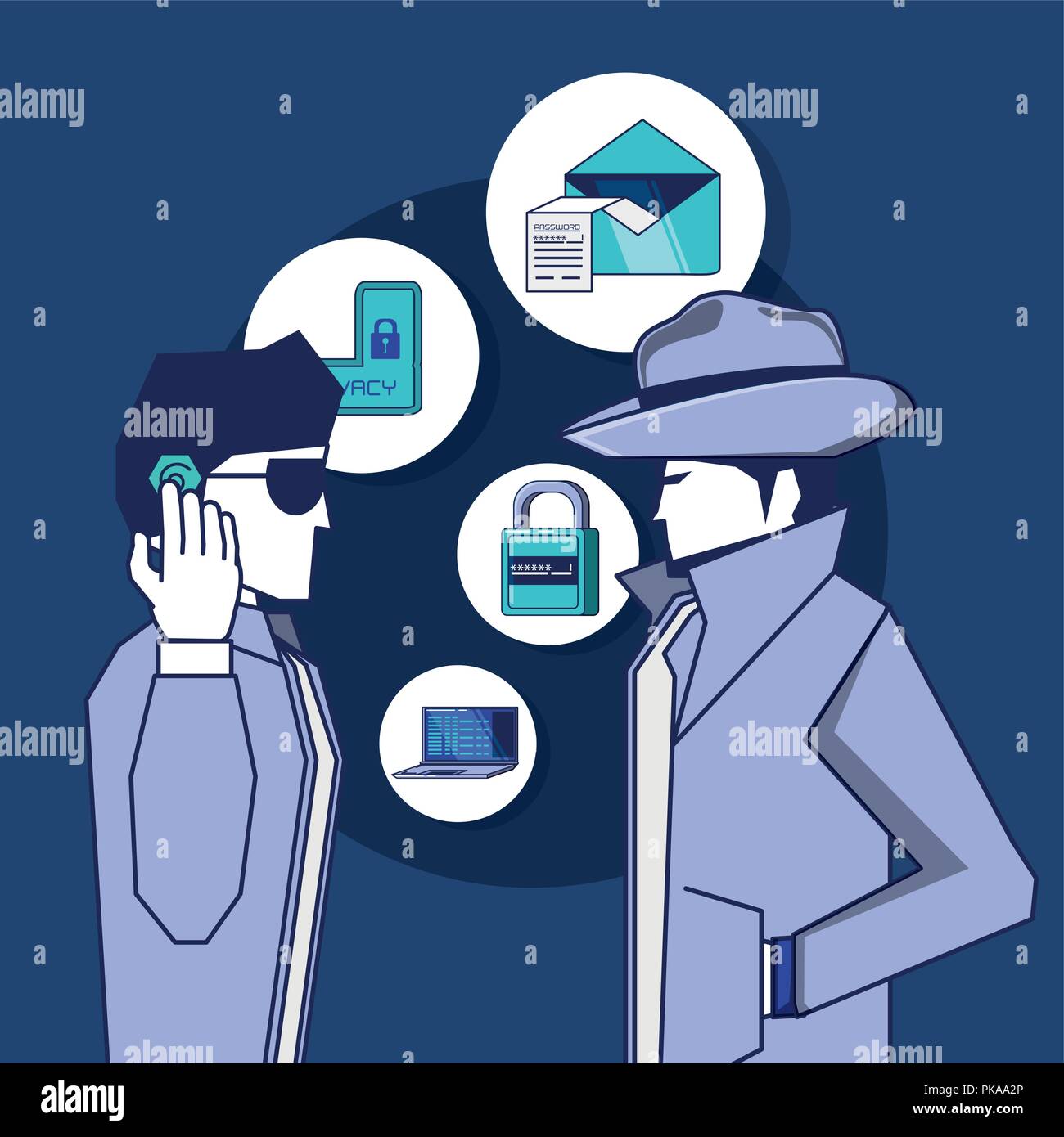 detectives and privacy policy icon set over white circles and blue ...