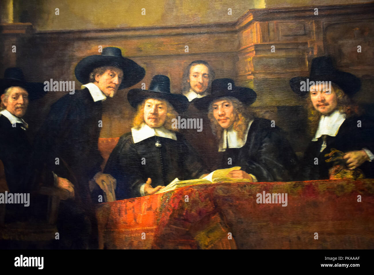 The masterpiece 'Syndics of the Drapers' Guild' by Rembrandt Van Rijn at the Rijksmuseum in Amsterdam, Netherlands Stock Photo