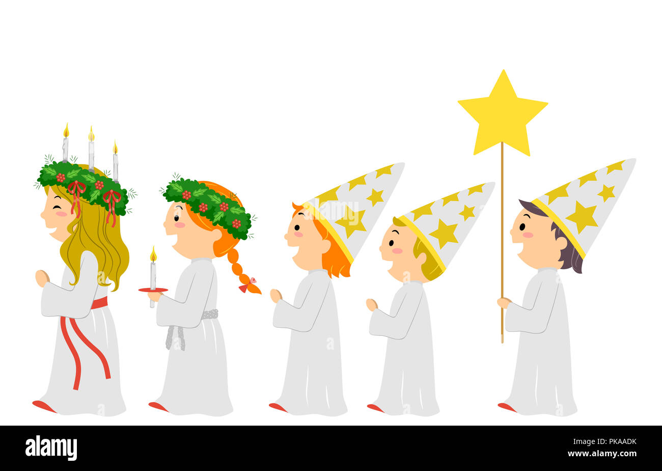 Illustration of Stickman Kids Joining a Saint Lucia Parade Wearing Lucia and Star Boy Costume Stock Photo