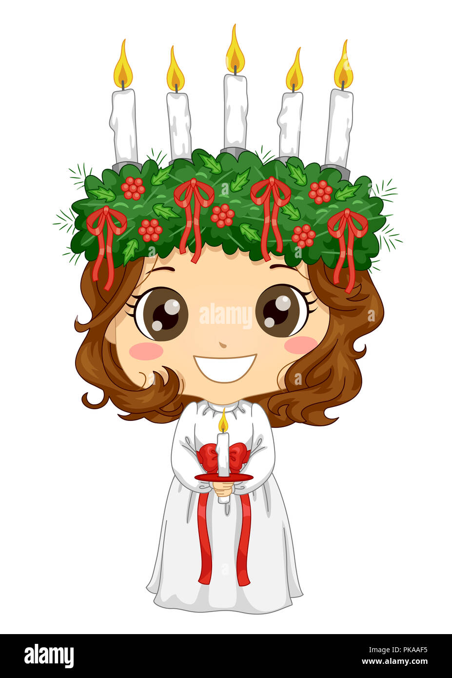 Illustration of a Kid Girl Wearing a Little Saint Lucia Costume Holding a Candle Stock Photo