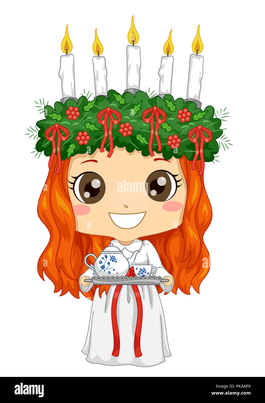 Illustration of a Kid Girl Wearing a Little Saint Lucia Costume Serving Coffee Stock Photo