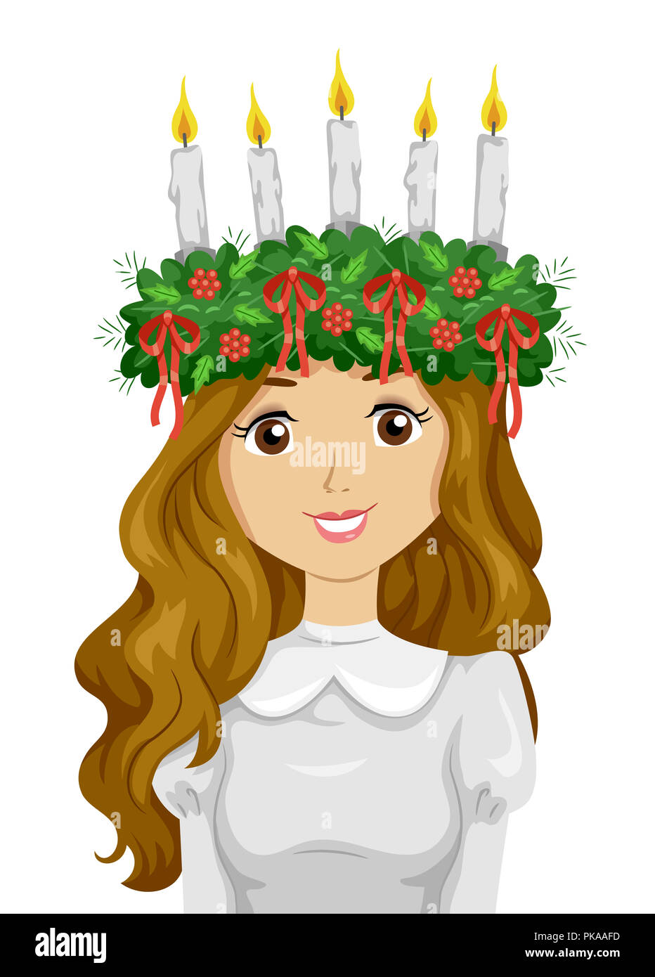 Illustration of a Teen Girl Wearing Saint Lucia Crown with Candles and Ribbons Stock Photo