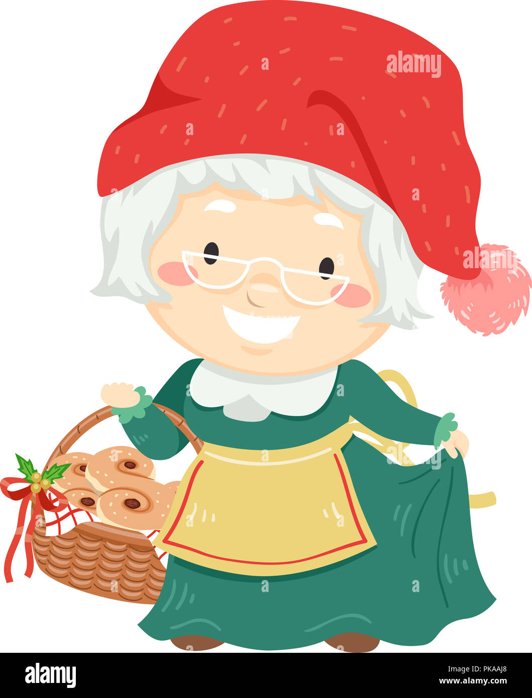 Illustration of a Senior Woman Wearing Mrs Santa Claus Costume Holding a Basket Full of Saffron Buns Stock Photo