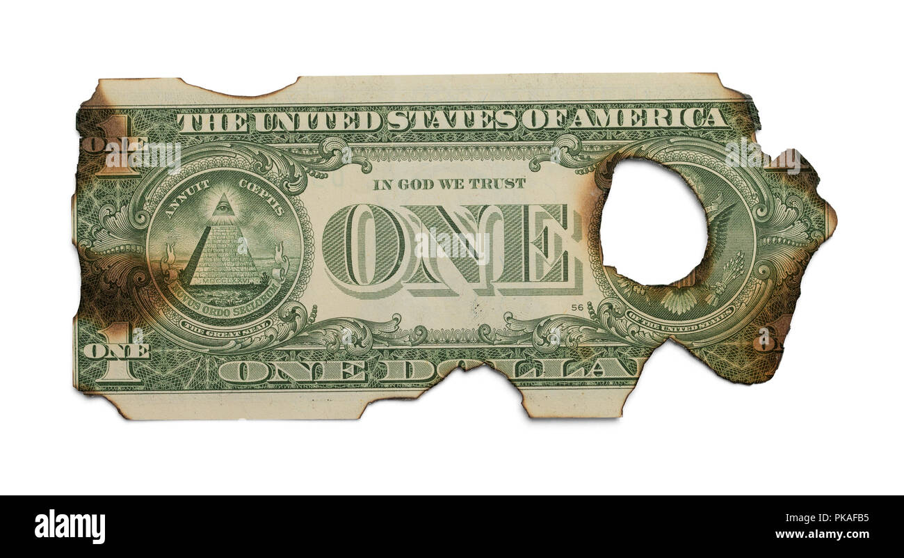 Burned One Dollar Bill Isolated on White Background. Stock Photo