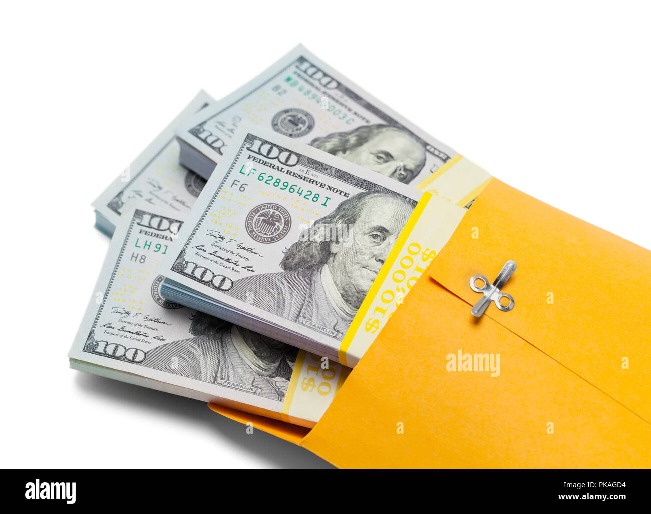 Yellow Envelope Stuffed With Money Isolated on a White Background. Stock Photo