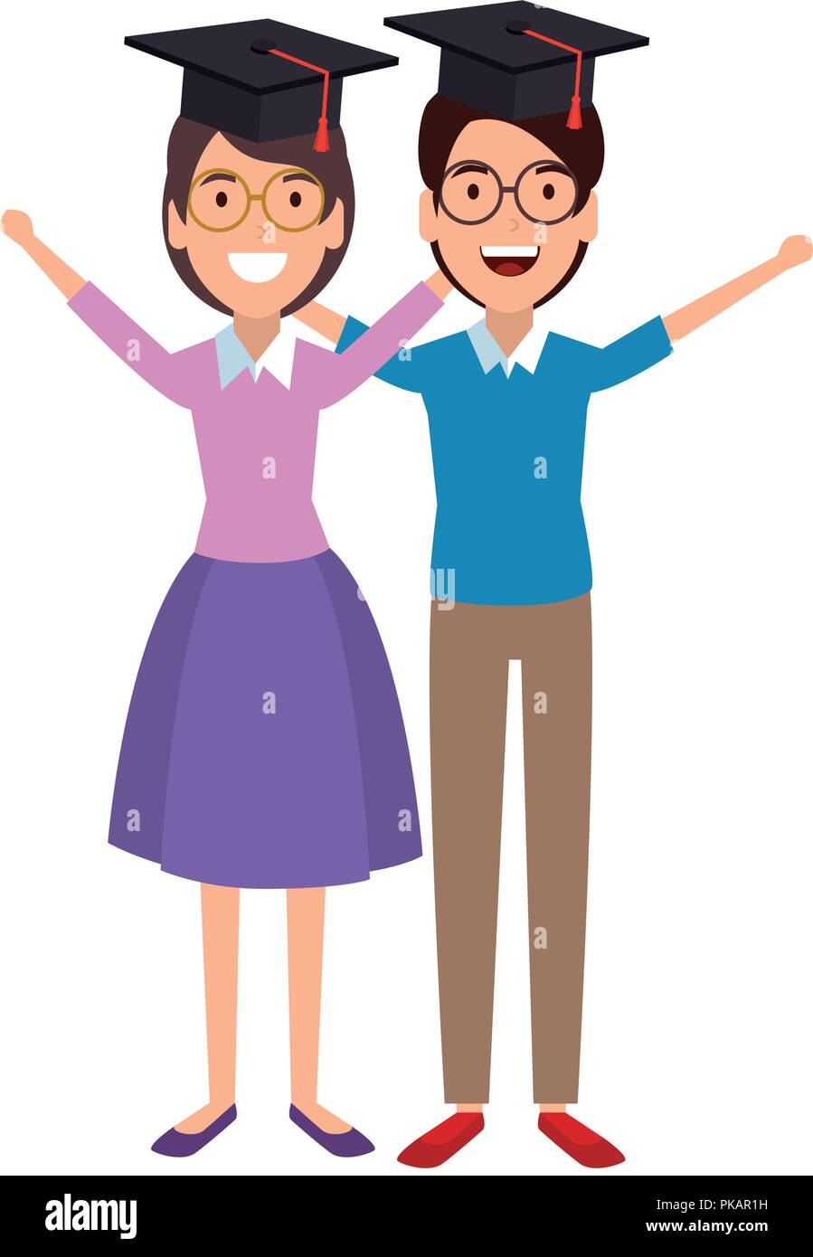 couple of students celebrating with hat graduation vector illustration ...