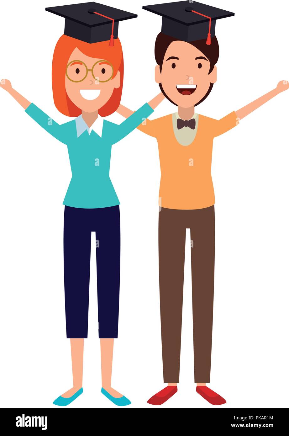 couple of students celebrating with hat graduation vector illustration ...