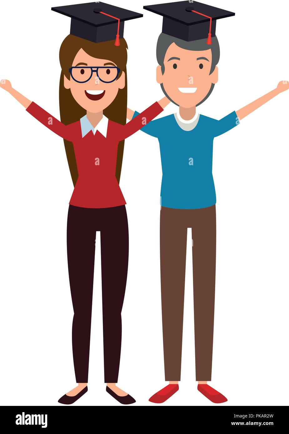 couple of students celebrating with hat graduation vector illustration ...
