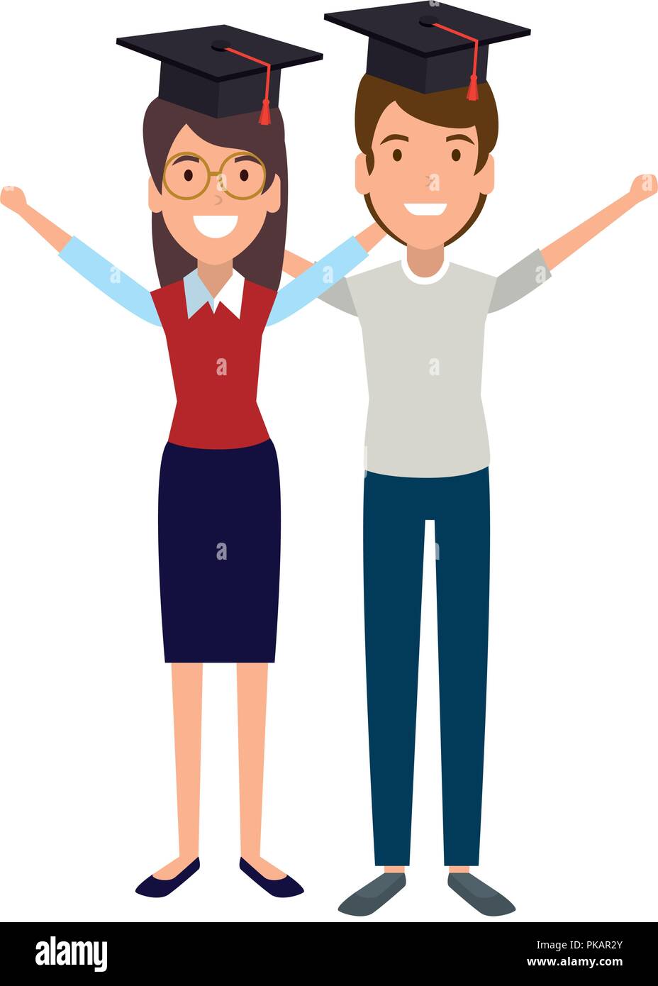 couple of students celebrating with hat graduation vector illustration ...