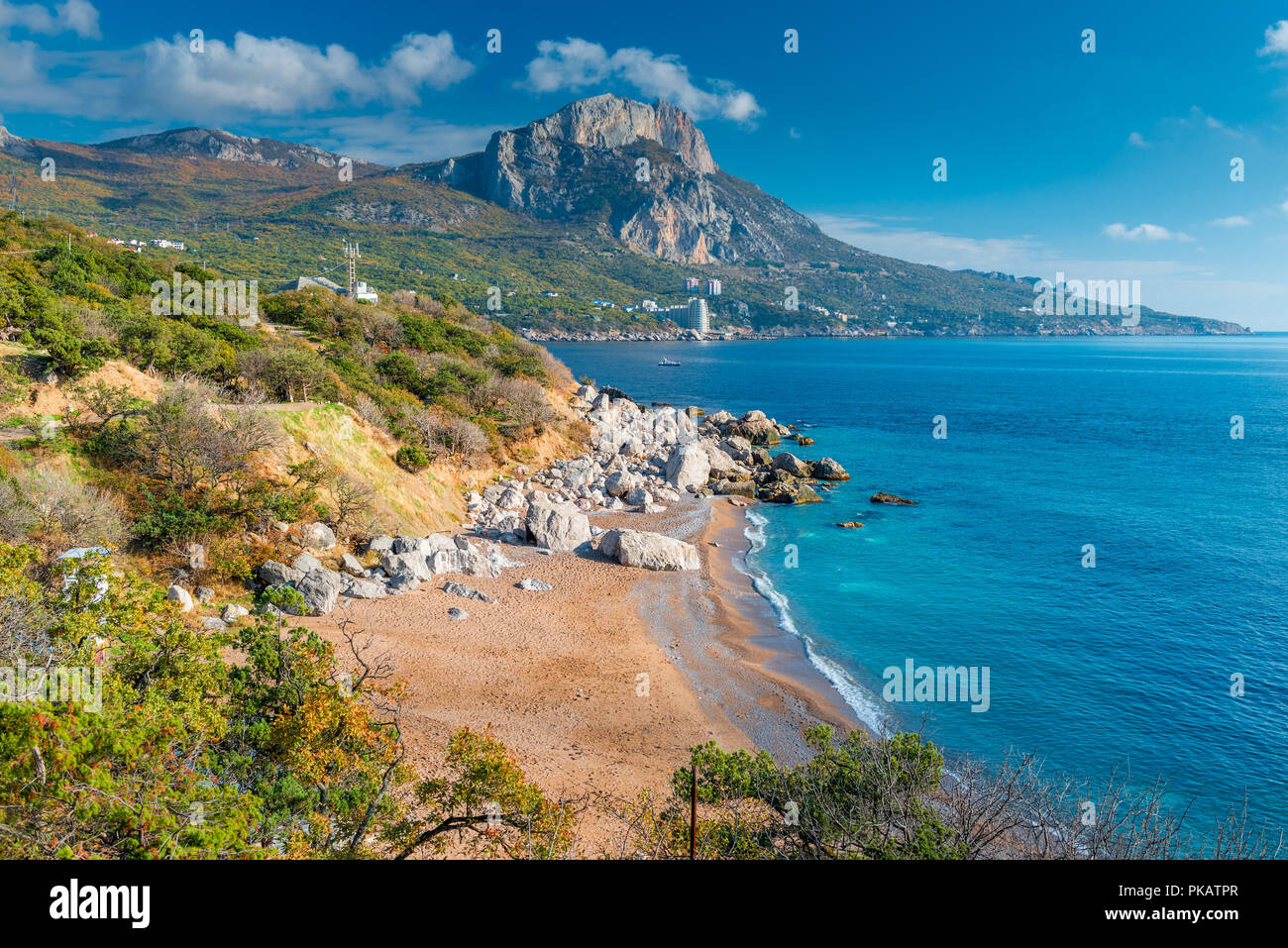 Landscape - Crimea peninsula, nature in autumn on a sunny day. View of the mountains and the sea Stock Photo