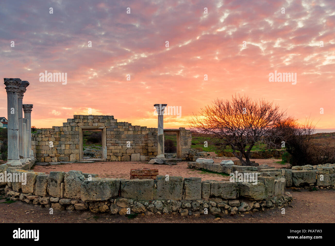 Beautiful landmark of Crimea Ancient Chersonese, ruins at sunset