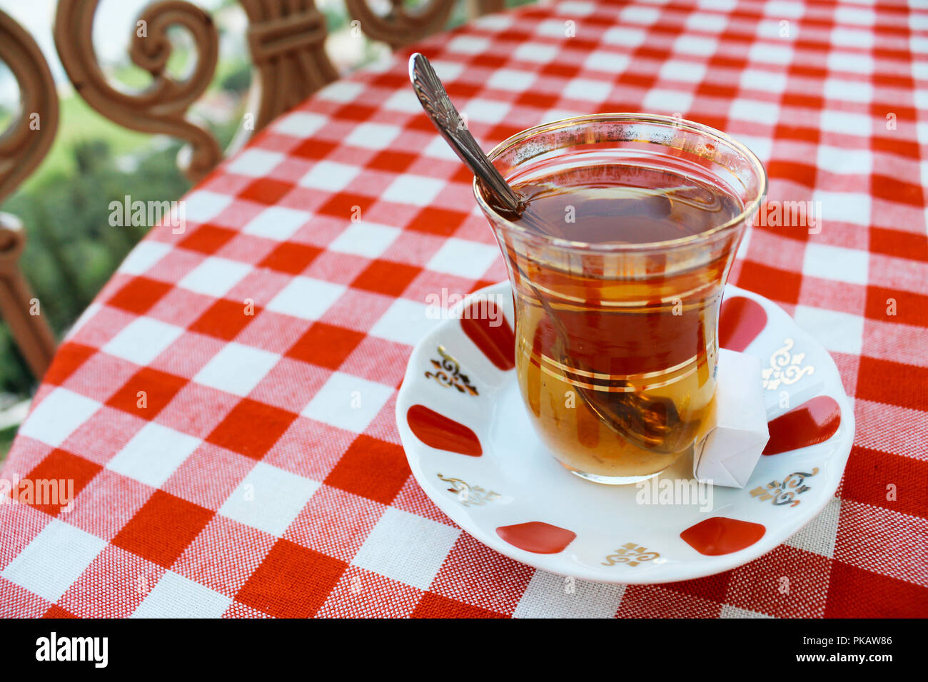 Turkish apple tea on table Stock Photo Alamy
