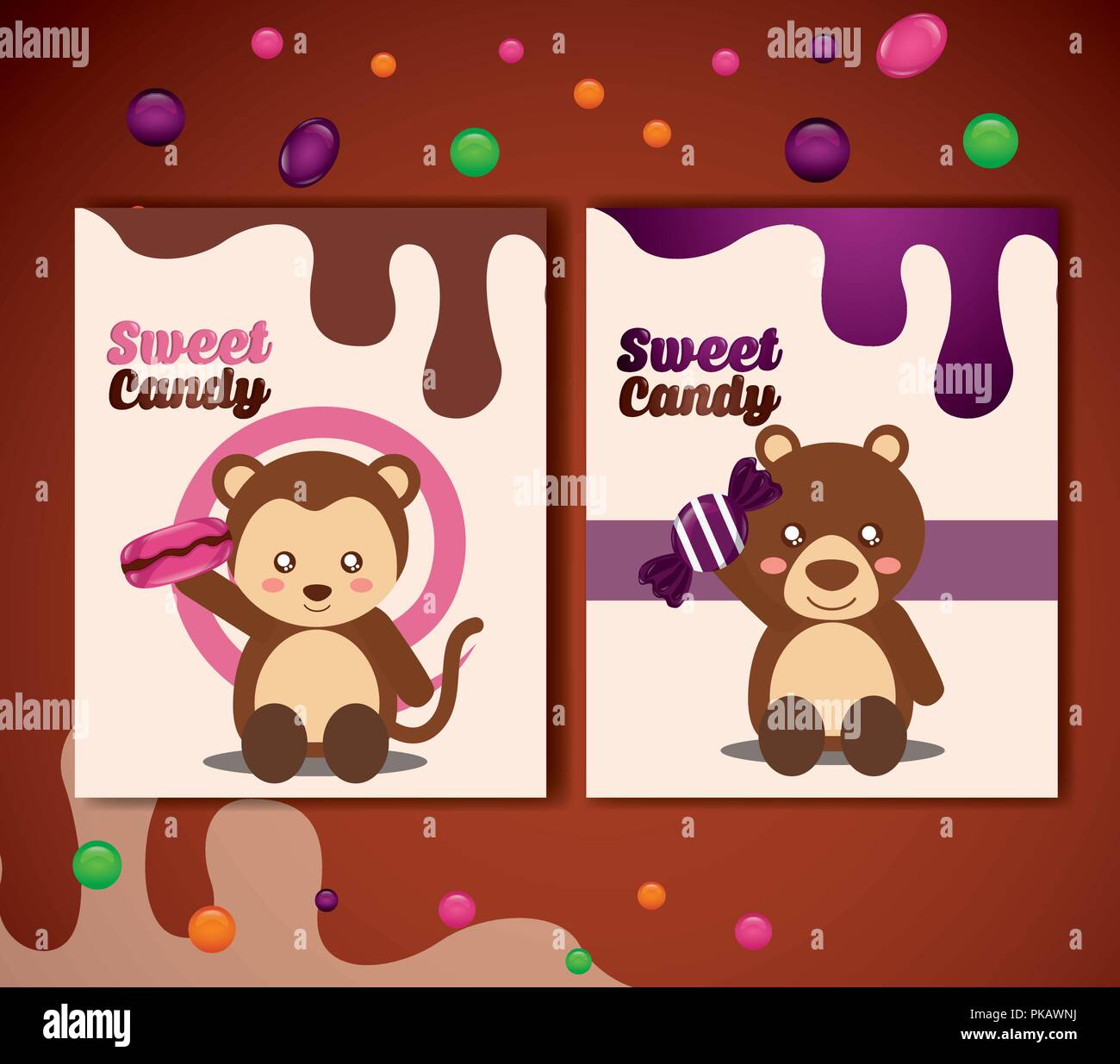 sweet candy banners monkey bear holding caramels chips vector