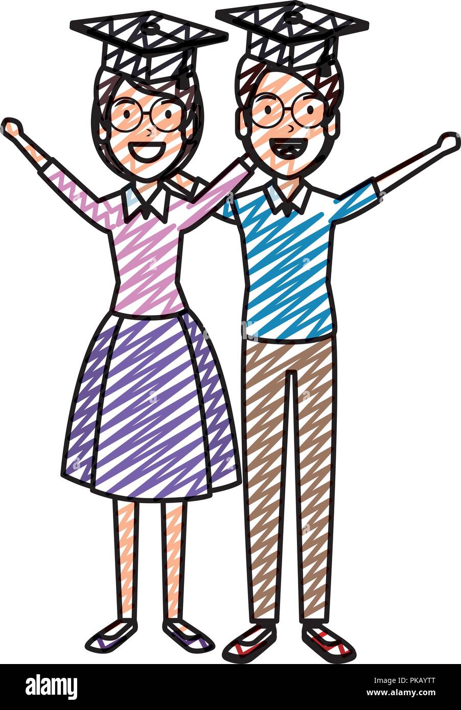 couple of students celebrating with hat graduation vector illustration ...