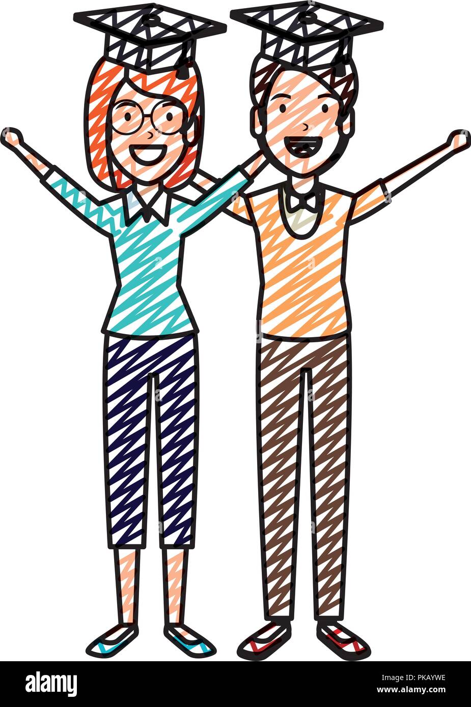 couple of students celebrating with hat graduation vector illustration ...
