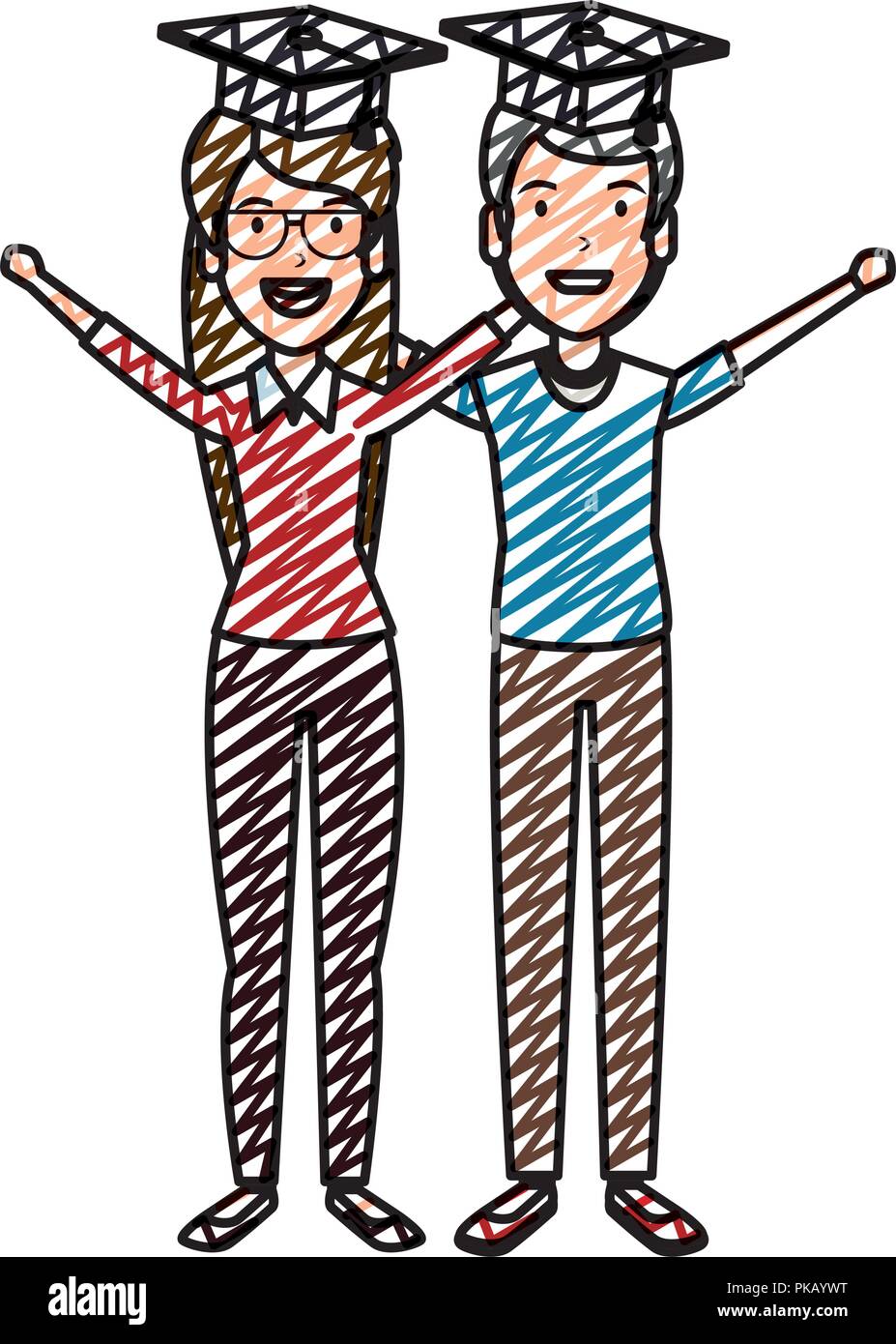 couple of students celebrating with hat graduation vector illustration ...