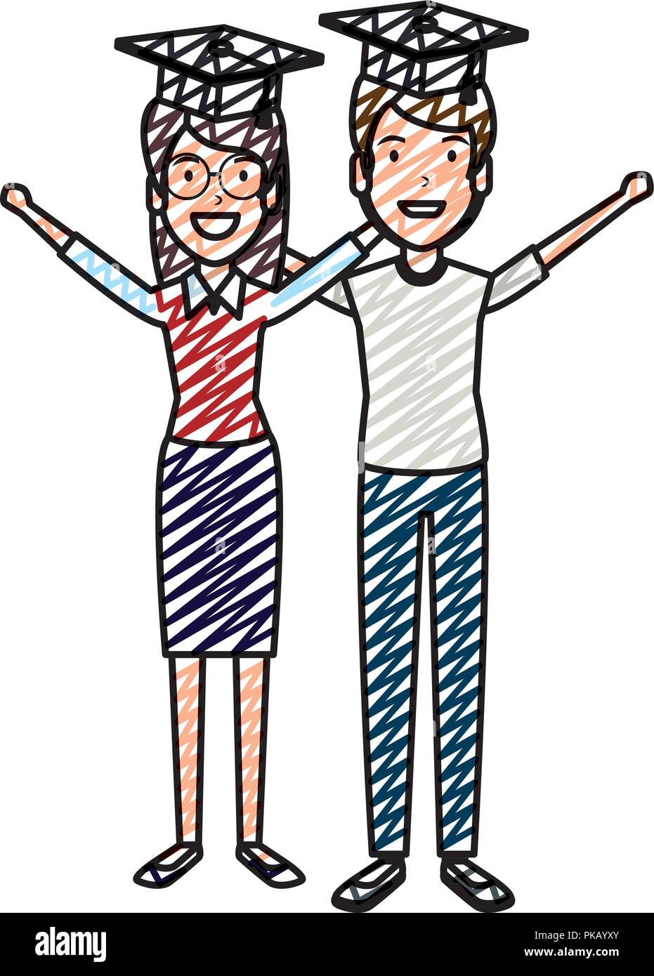 couple of students celebrating with hat graduation vector illustration ...