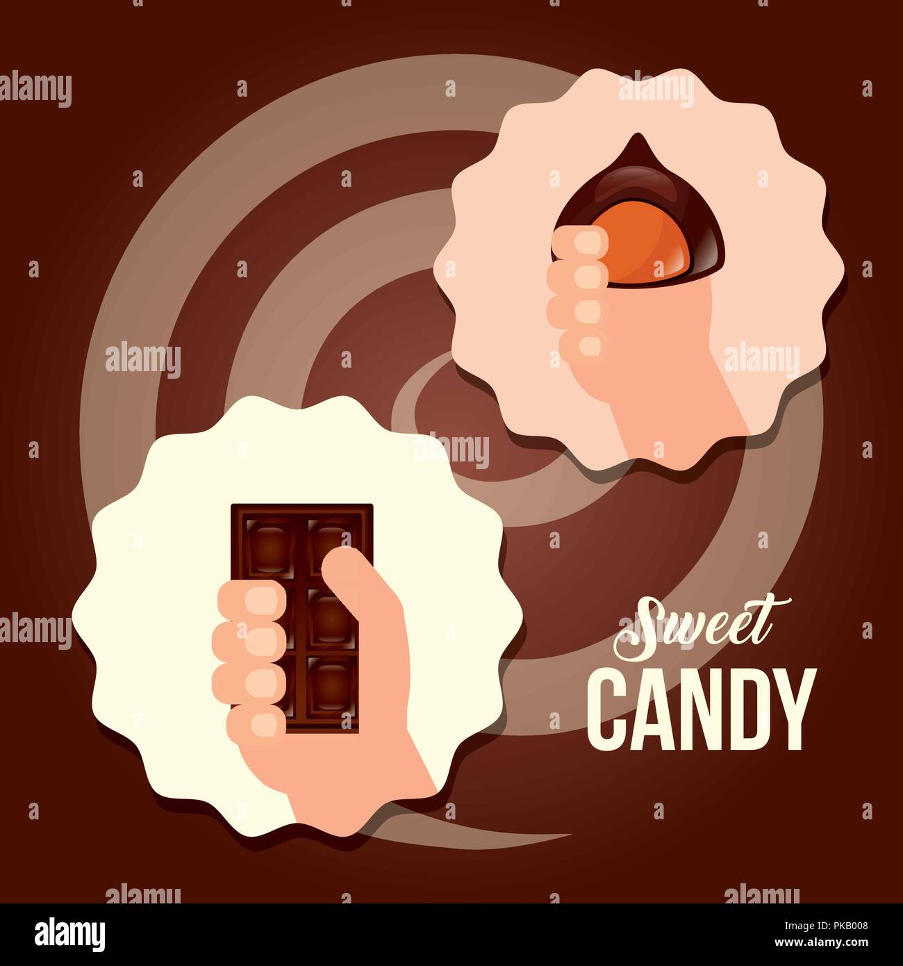 sweet candy labels hands holding hcocolate bar stuffed circle