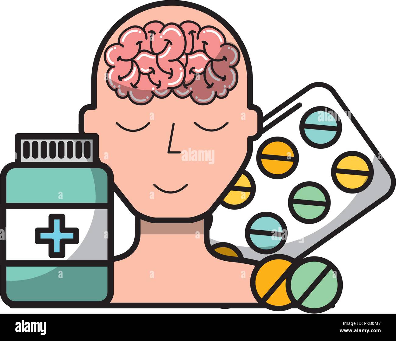 man brain mental medication pills bottle vector illustration Stock