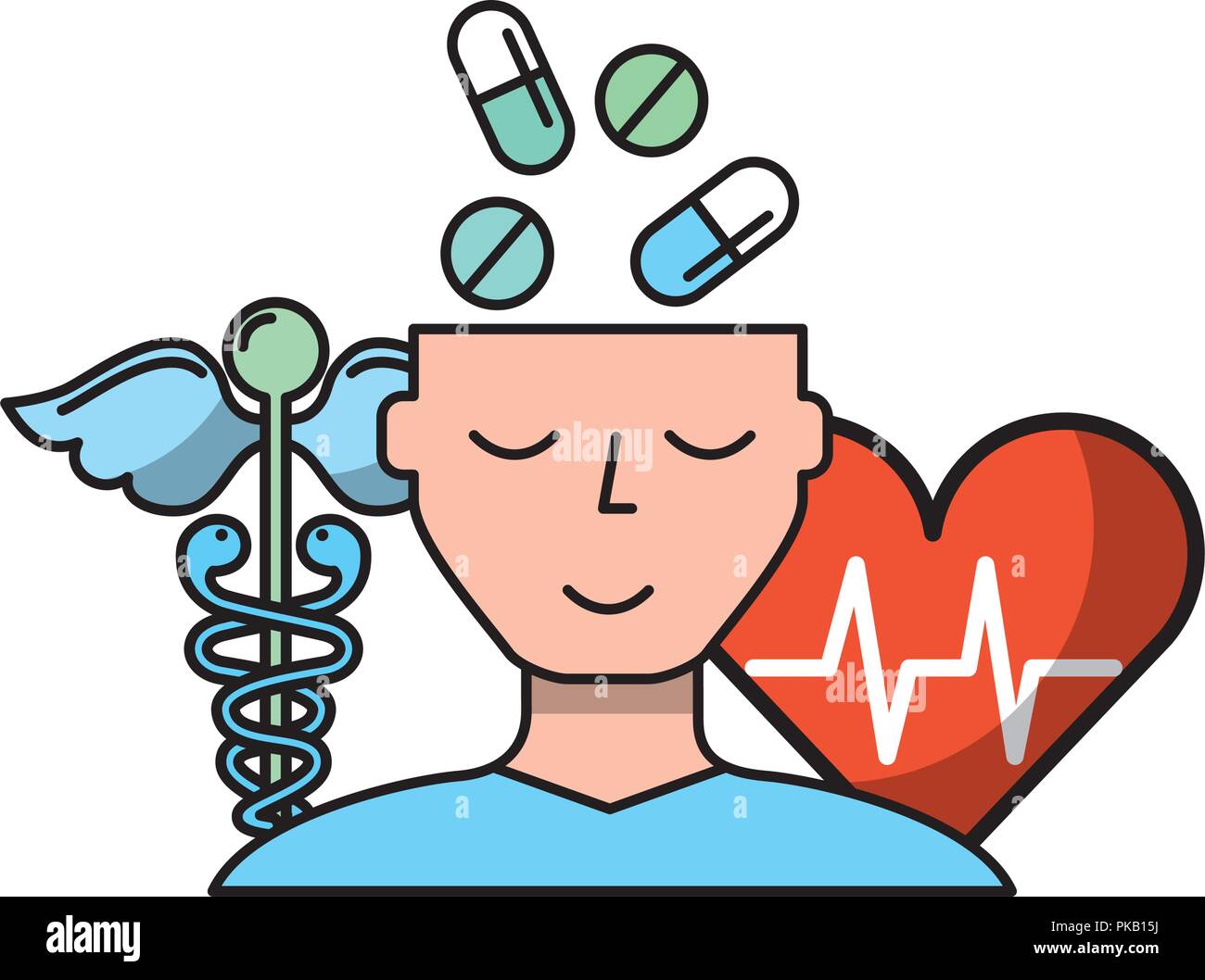 human profile pills mental heartbeat caduceus vector illustration Stock Vector