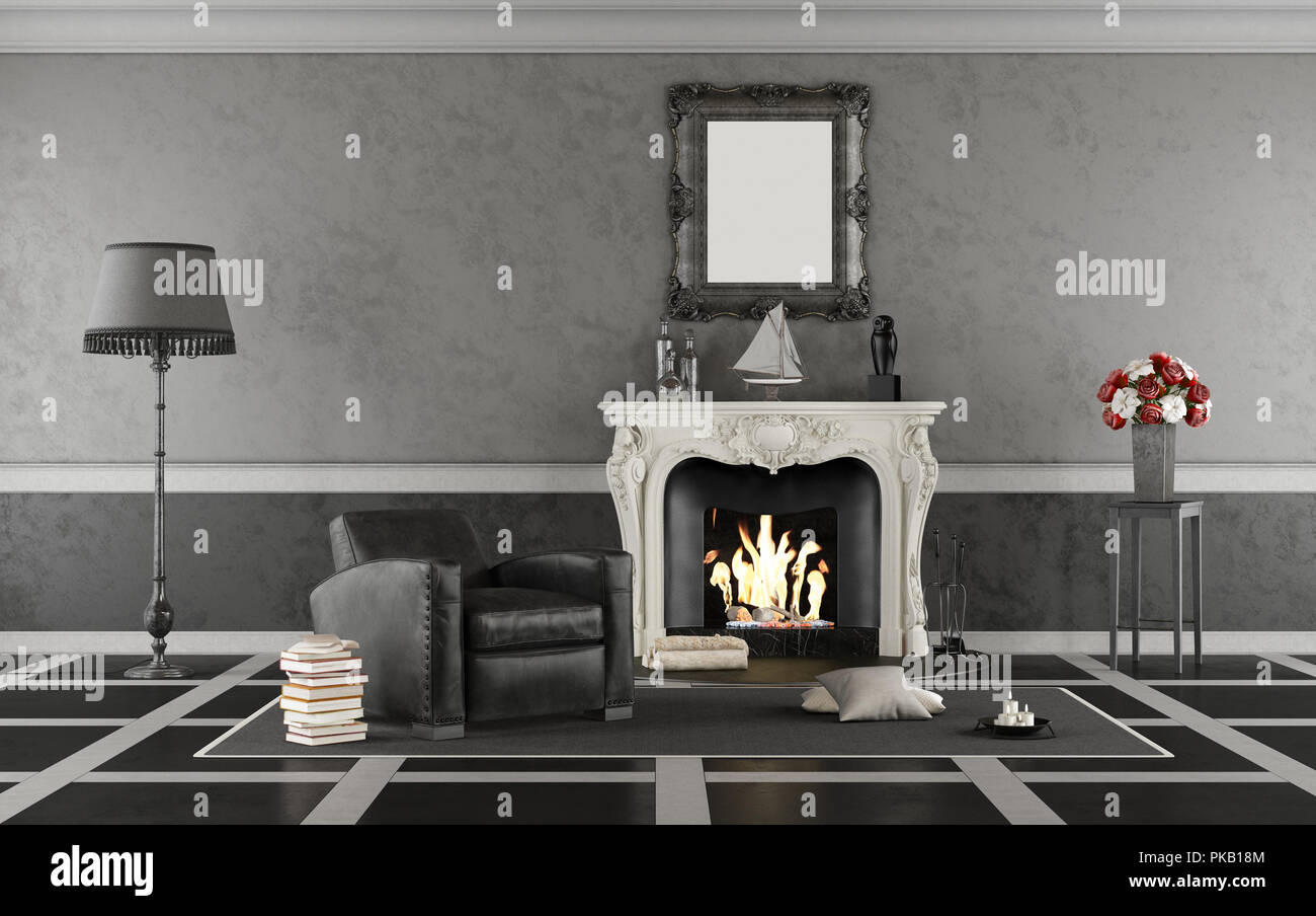 Black and white retro living room with fireplace and vintage armchair - 3d rendering Stock Photo