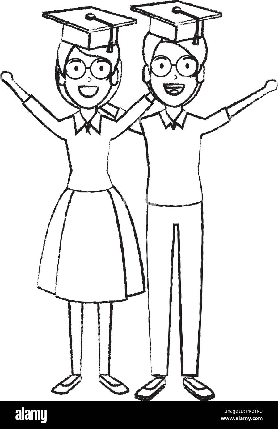 couple of students celebrating with hat graduation vector illustration ...