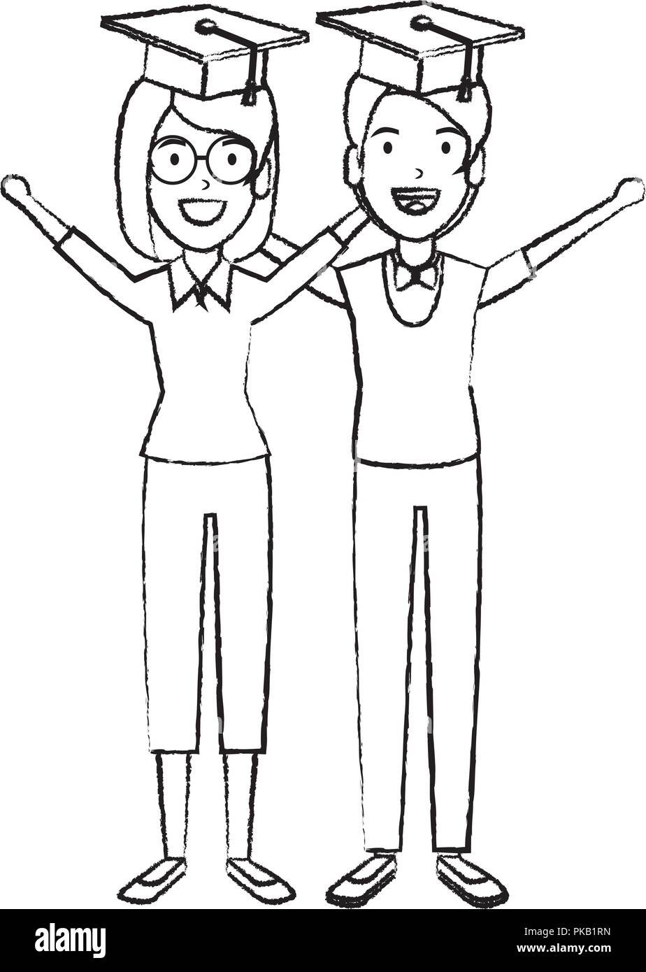 couple of students celebrating with hat graduation vector illustration ...