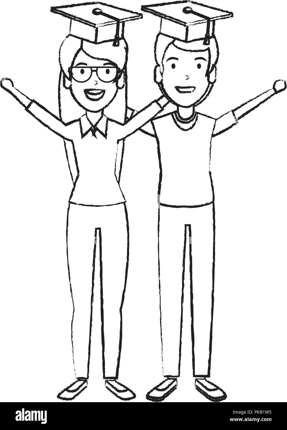 couple of students celebrating with hat graduation vector illustration ...