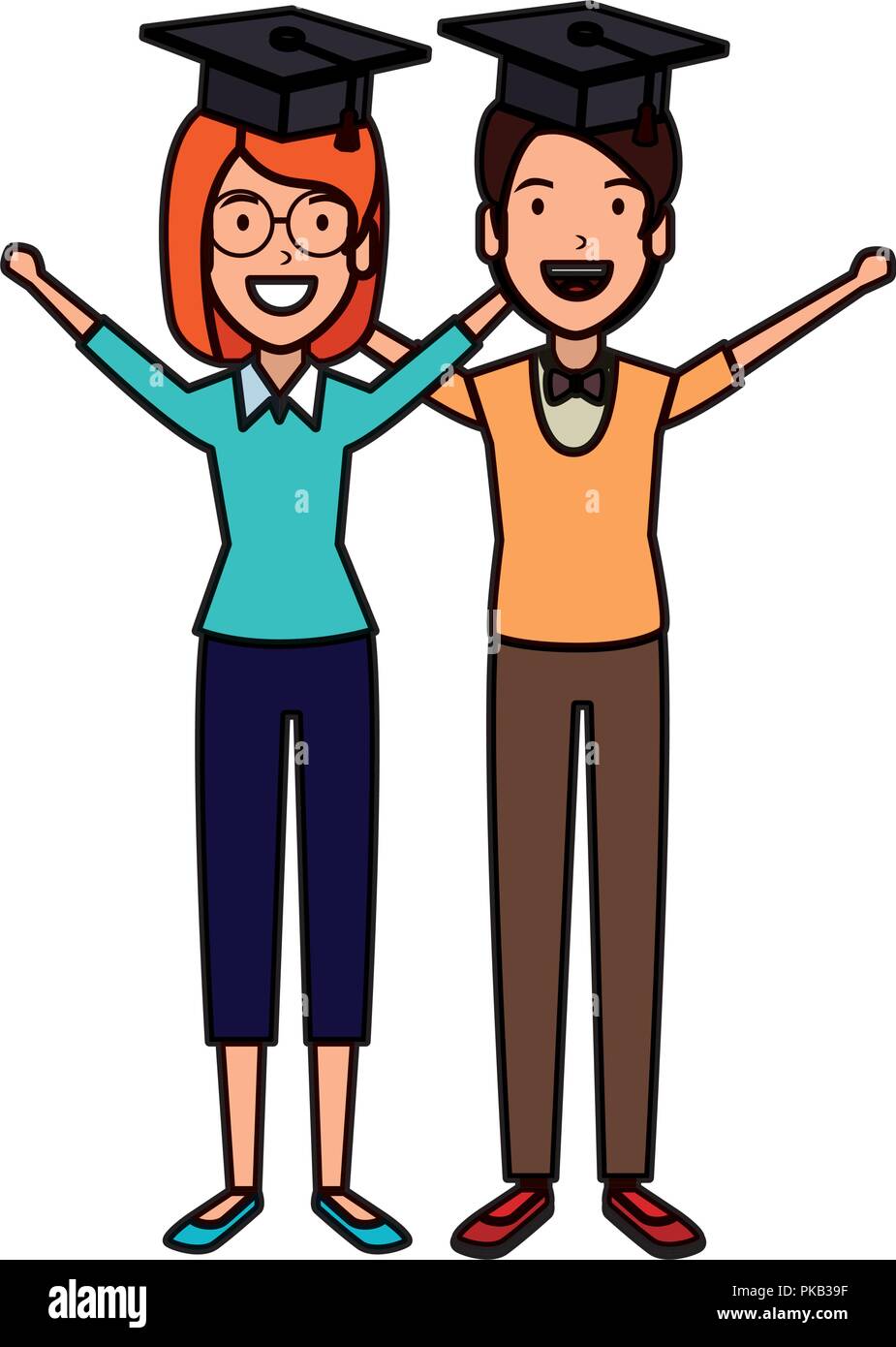 couple of students celebrating with hat graduation vector illustration ...