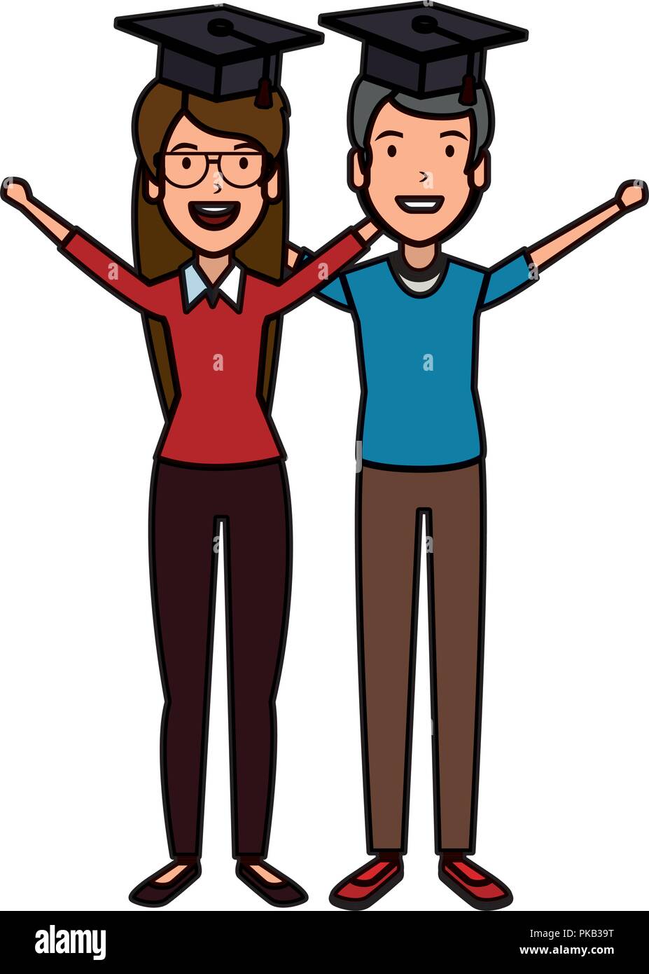 couple of students celebrating with hat graduation vector illustration ...