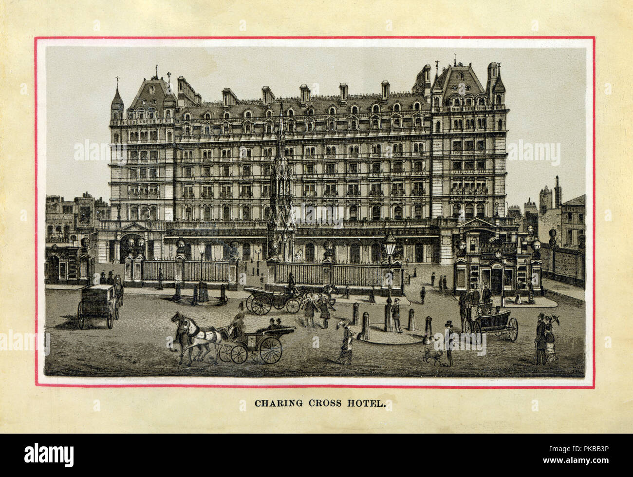 Charing Cross Hotel, 1880 high quality steel engraving of the railway station hotel designed by Edward Middleton Barry opened on 15 May 1865 with 250 bedrooms on the corner of the Strand and Villers Street across from Trafalgar Square Stock Photo