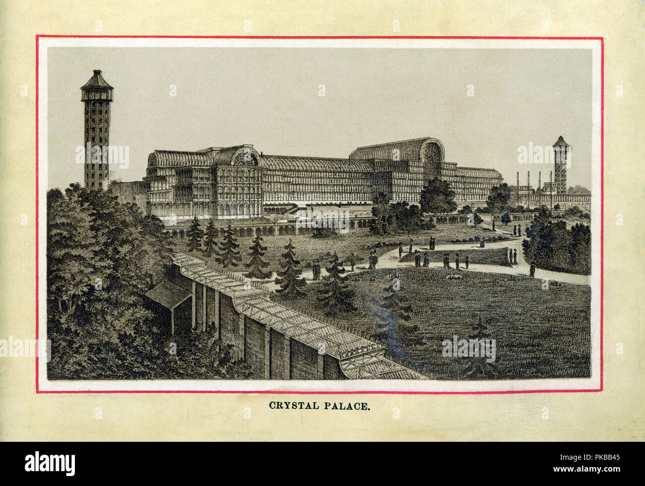 The Crystal Palace, 1880 high quality steel engraving of the iron and glass exhibition hall designed by Joseph Paxton for the Great Exhibition of 1851 and then transferred to Sydenham, water towers designed by Isambard Kingdom Brunel Stock Photo