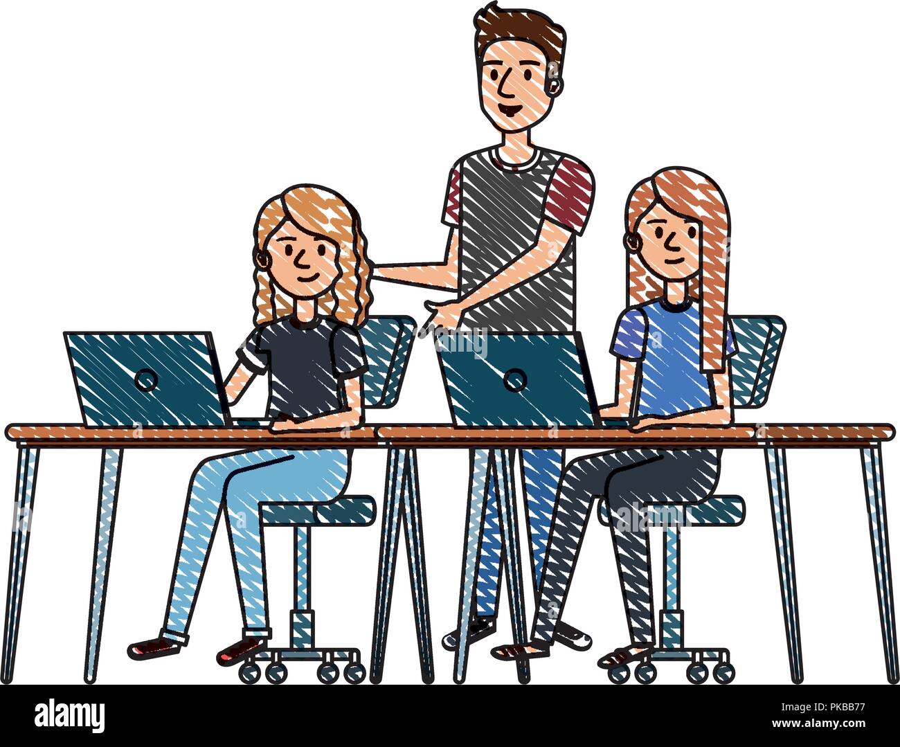 young women at desk with laptop and companion Stock Vector