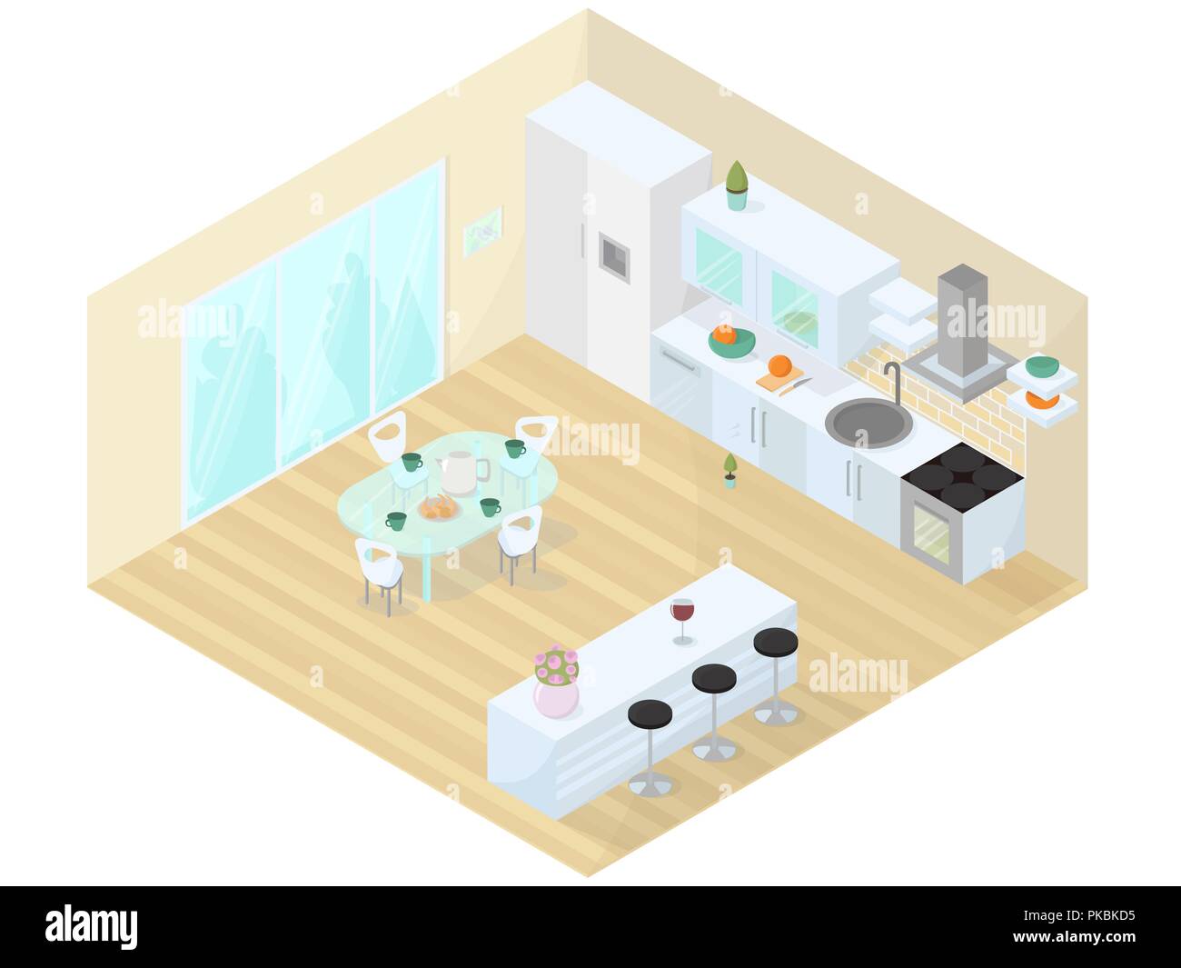 Kitchen dining room studio isometric vector illustration. Interior design with kitchen and dining furniture, stove, sink, exhaust fan. Stock Vector