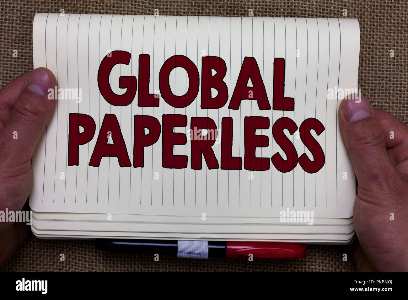 Handwriting Text Writing Global Paperless Concept Meaning Going For Technology Methods Like Email Instead Of Paper Man Hands Holding Notebook Open Pa Stock Photo Alamy