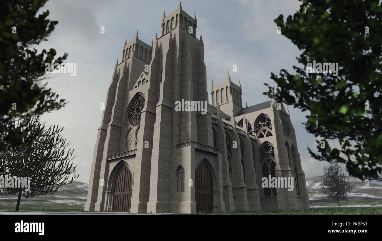 Detailed 3D rendering of an ancient cathedral Stock Photo