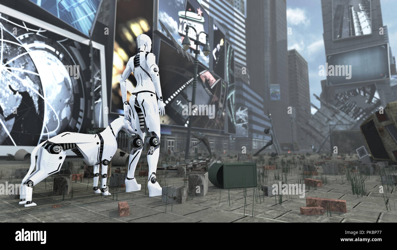 Sci-fi robot woman and cyborg dog on apocalyptic Time Square New York Manhattan. 3D rendering Stock Photo