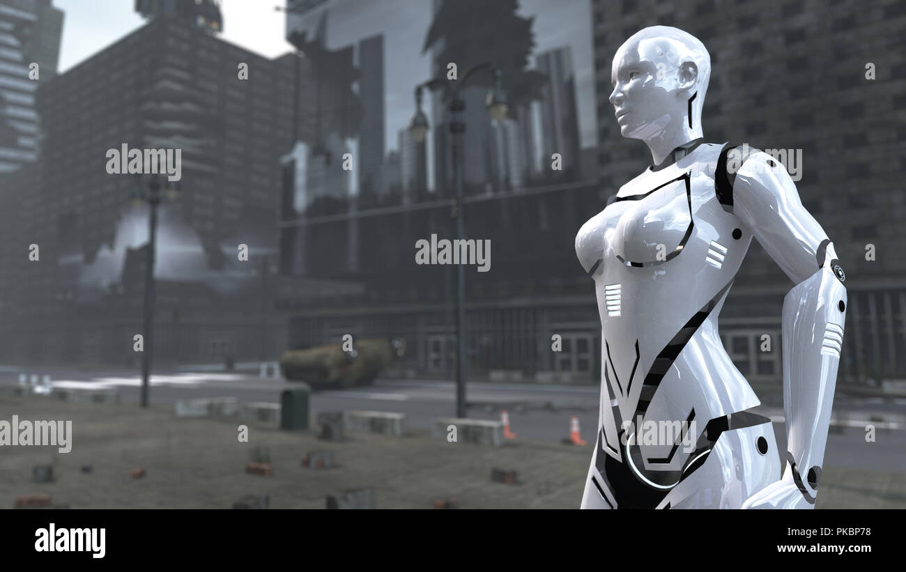 Futuristic robot woman on apocalyptic Time Square New York Manhattan. 3D rendering Stock Photo