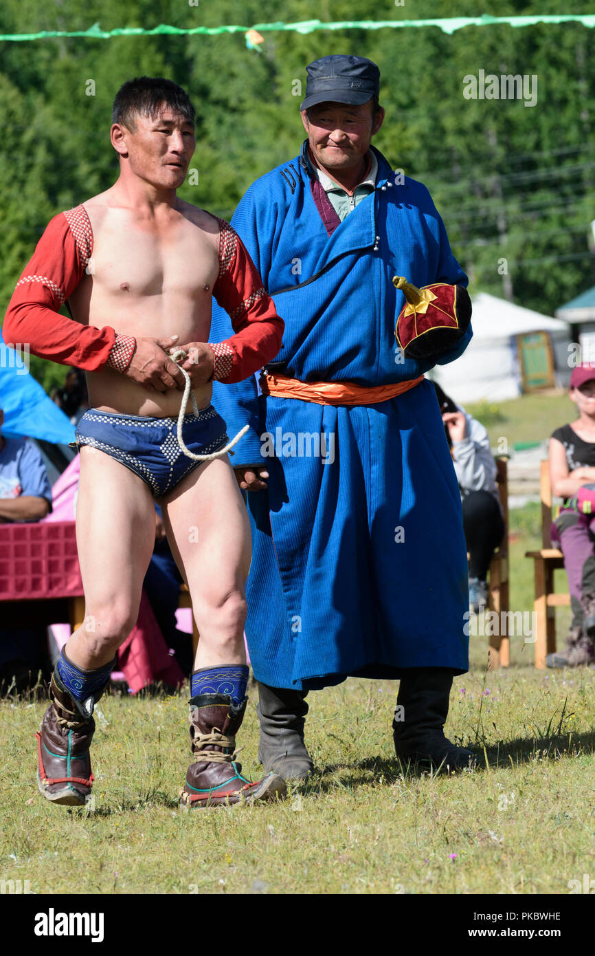 Mongolian wrestling competition near the Khovsgol Lake, Mongolia Stock Photo