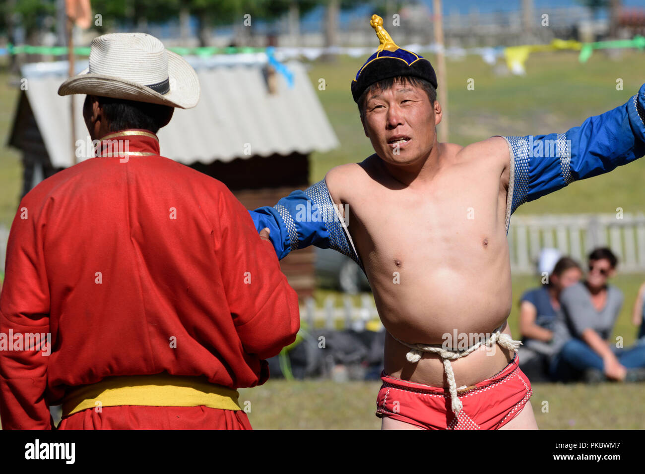 Mongolian wrestling competition near the Khovsgol Lake, Mongolia Stock Photo