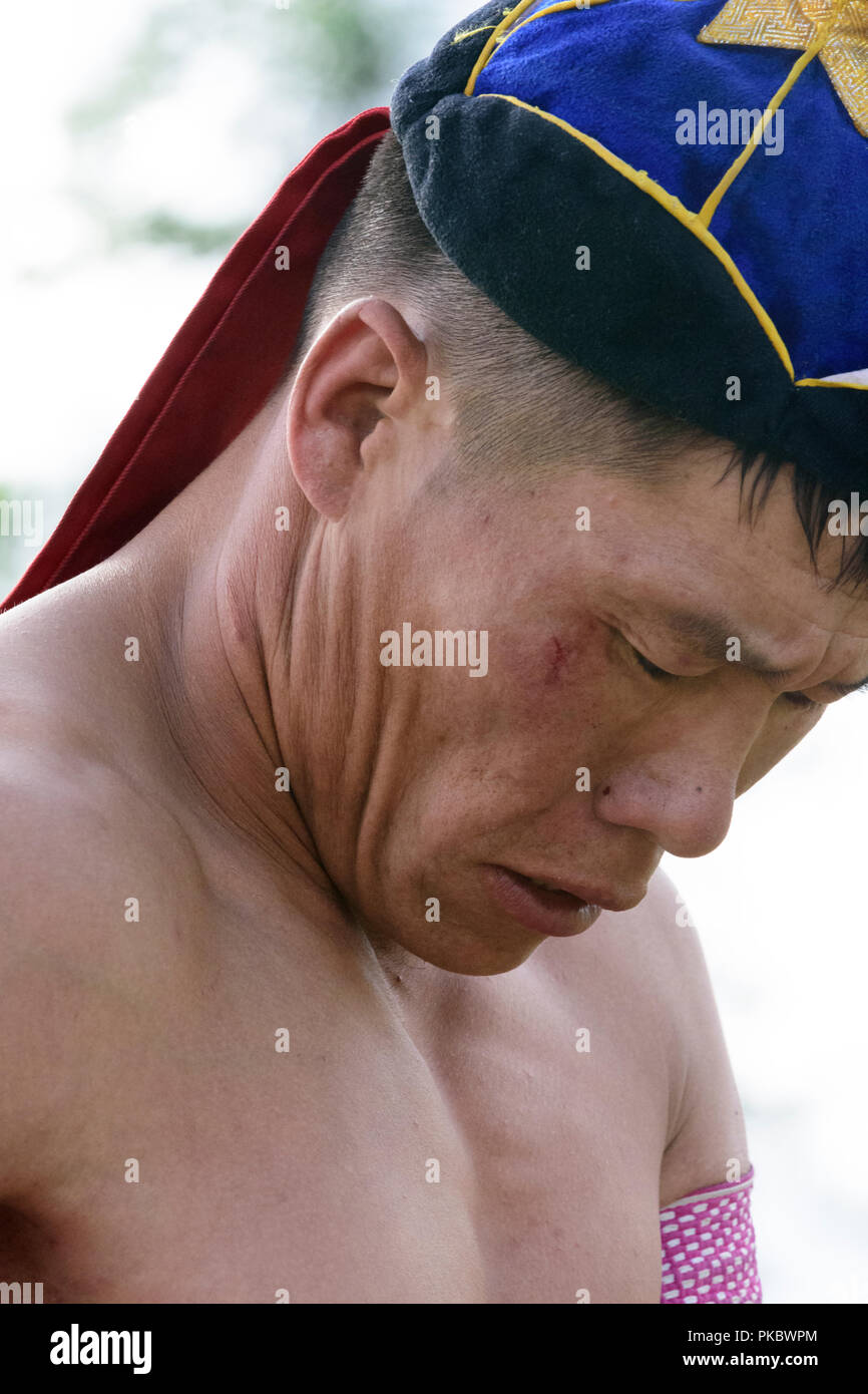 Mongolian wrestling competition near the Khovsgol Lake, Mongolia Stock Photo