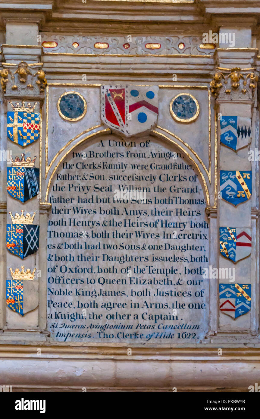 A memorial to the Clerks family of Avington 1622 in Winchester Cathedral, Hampshire, England, UK Stock Photo