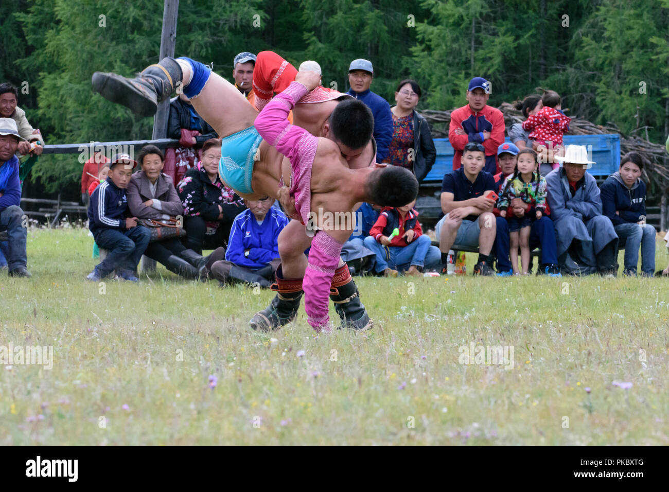 Mongolian wrestling competition near the Khovsgol Lake, Mongolia Stock Photo