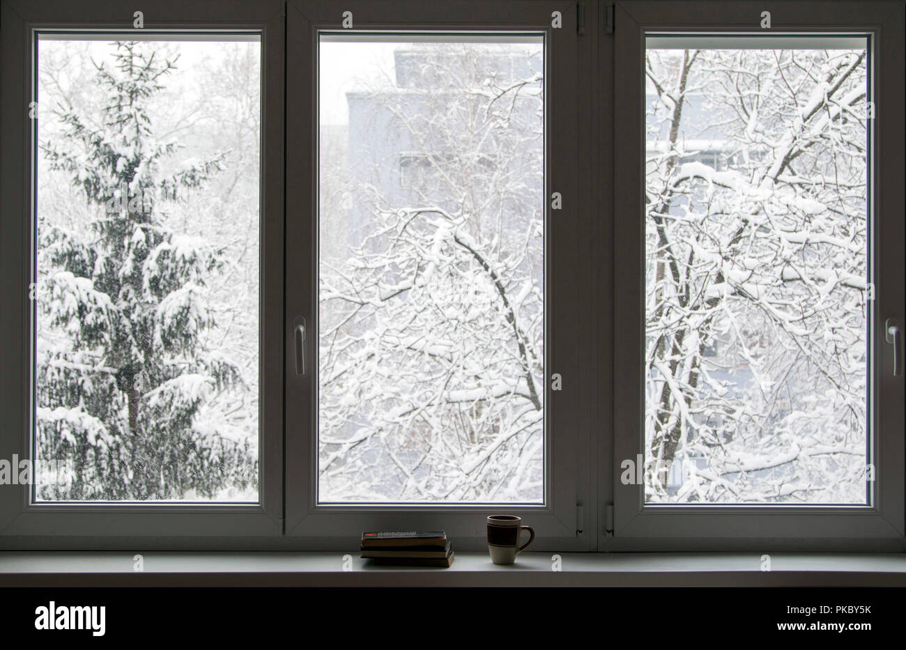 Books and coffee on the window in winter, snow in background Stock ...