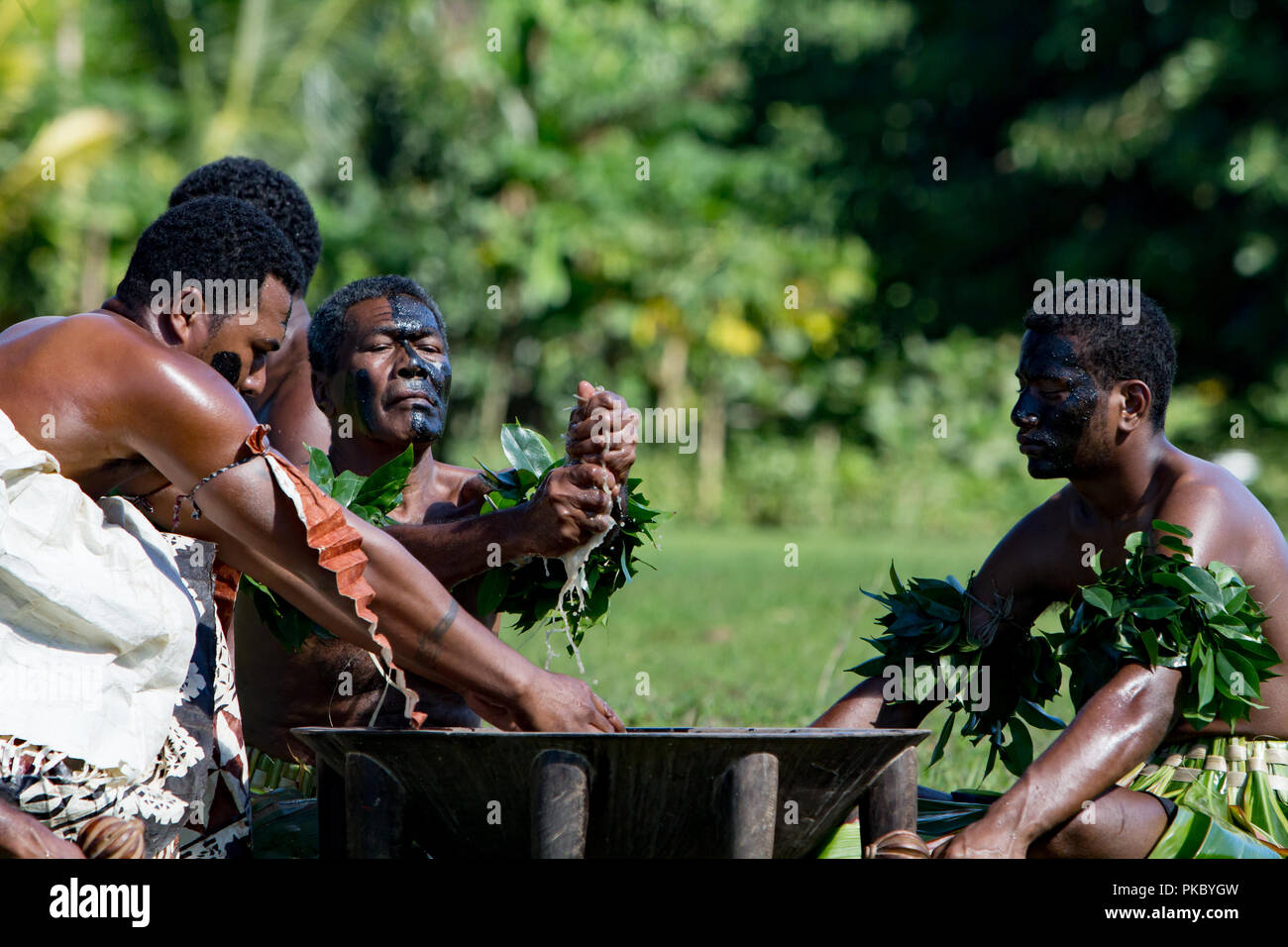 The villagers of Waitabu village in Taveuni island, Fiji put on a traditonal kava ceremony for a group of cultural tourists. Stock Photo