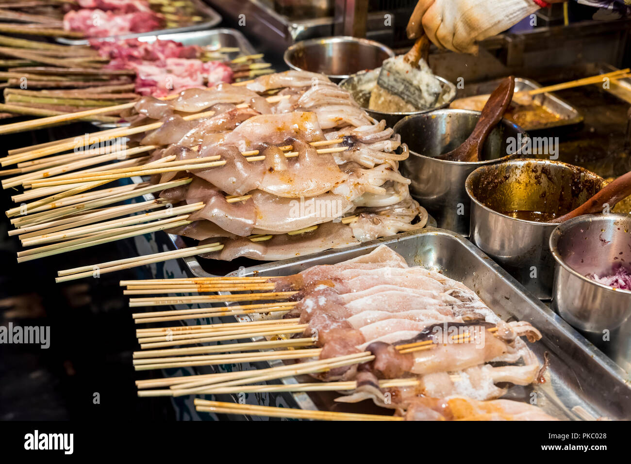 Traditional Chinese food at the famous food market in the Muslim