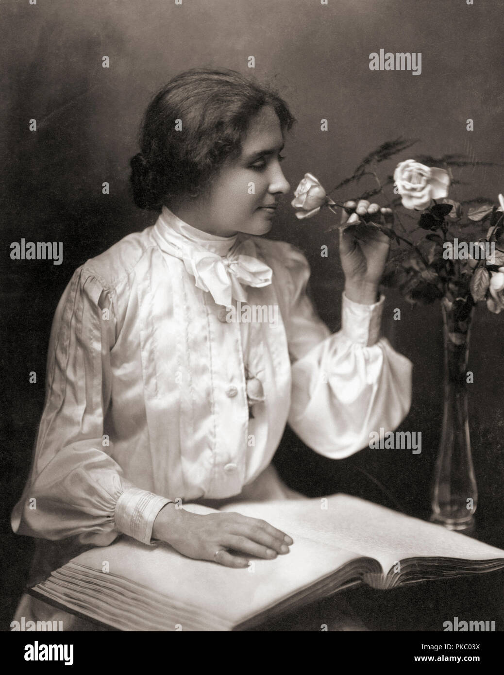 Helen Keller, 1880-1968.  Though deaf and blind, Helen Keller graduated from Harvard University’s Radcliffe College with a Bachelor of Arts degree.  Her story became widely known through the play and film The Miracle Worker. Stock Photo