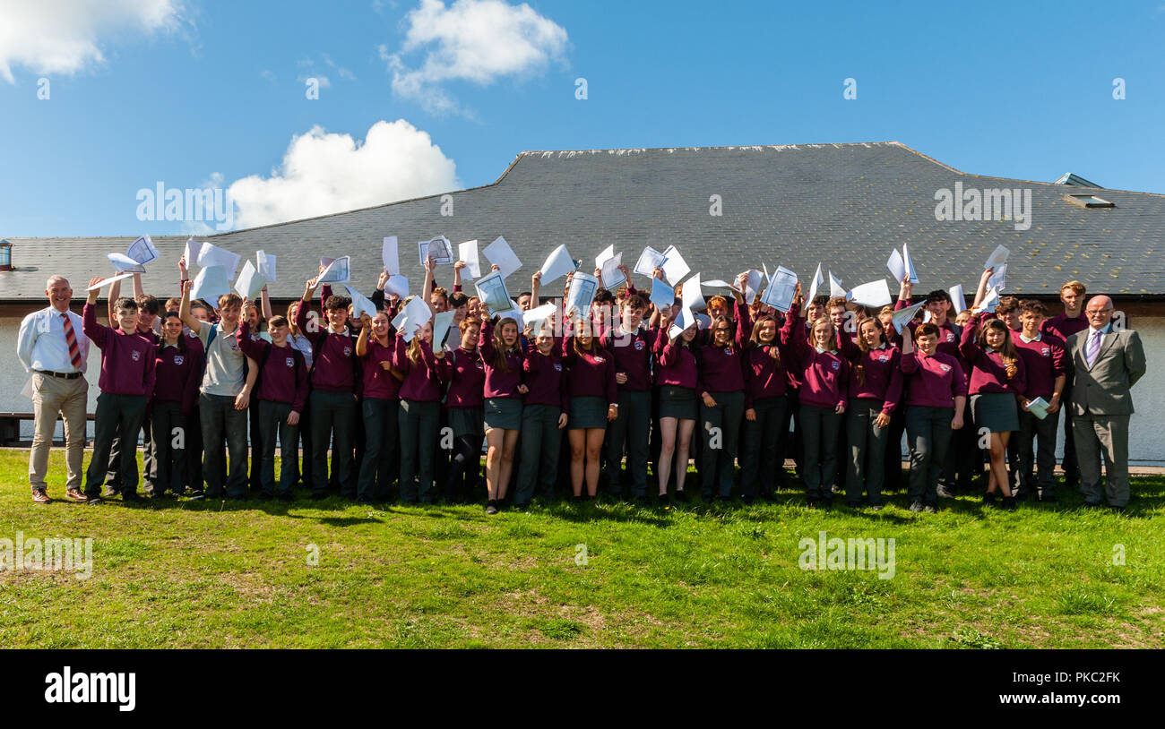 Schull, West Cork, Ireland. 12th Sept, 2018.  Over 62,500 students received their Junior Cert results today. Schull College Junior Cert students celebrate receiving their results with school principal Brendan Drinan and vice-principal Padraig O'Sullivan. Credit: Andy Gibson/Alamy Live News. Stock Photo