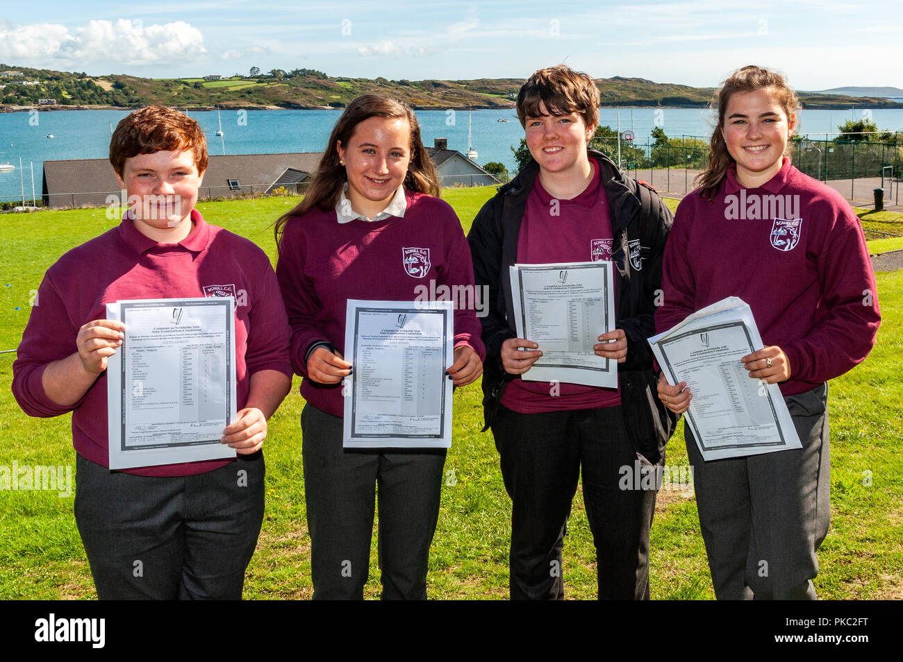 Schull, West Cork, Ireland. 12th Sept, 2018.  Over 62,500 students received their Junior Cert results today. Pictured with their results are Cliona Riordan, Daisy Seaward, Awinn Harrington-Wieler and Phoebe Hogan. Credit: Andy Gibson/Alamy Live News. Stock Photo