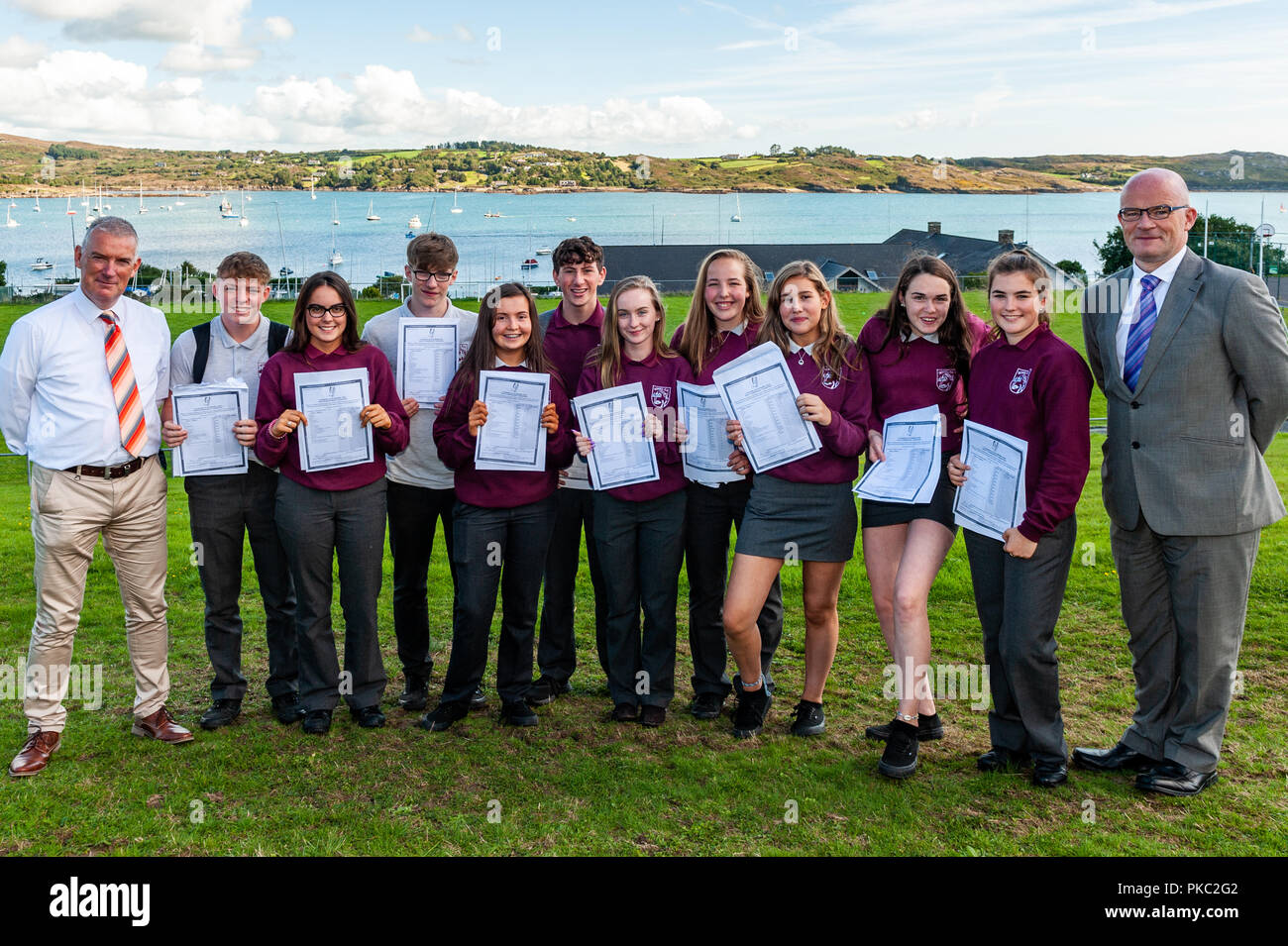Schull, West Cork, Ireland. 12th Sept, 2018.  Over 62,500 students received their Junior Cert results today. School principal Brendan Drinan and vice-princioal Padraig O'Sullivan are pictured with some of the Junior Cert students. Credit: Andy Gibson/Alamy Live News. Stock Photo